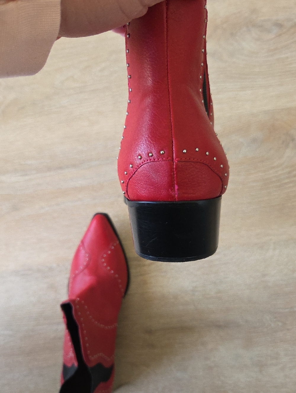 Shoe Cult By Nasty Gal Red Western-Style Silver Stud Pointed Ankle Boots Size 10 - Picture 6 of 8